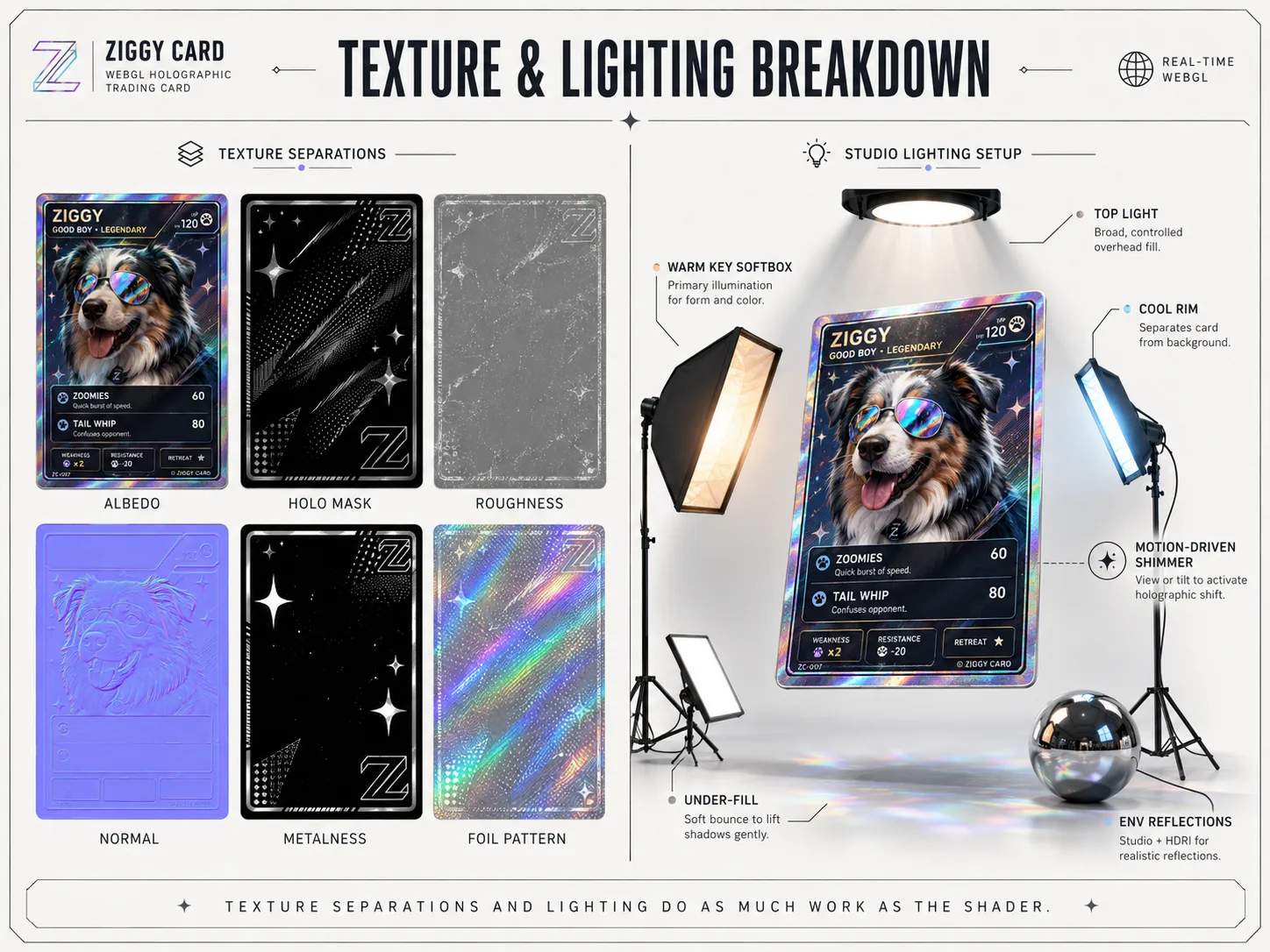 Texture separations and studio lighting setup for the WebGL holographic card.